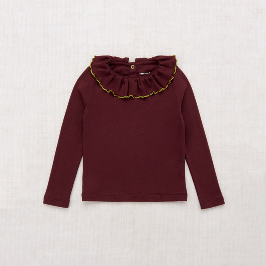 女童酒红色荷叶边棉T恤