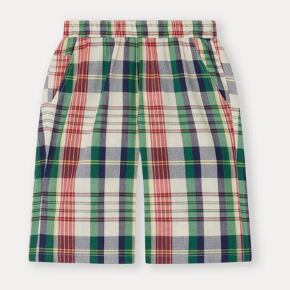 男童绿色格子棉短裤