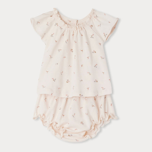 女婴浅粉色碎花棉套装