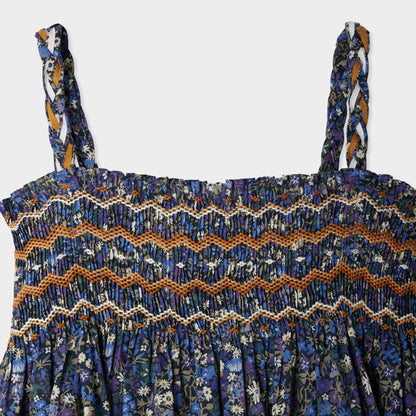 女童蓝色碎花棉吊带连衣裙