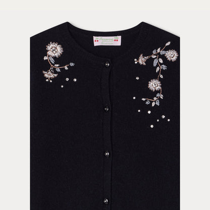 女童黑色刺绣羊绒开衫