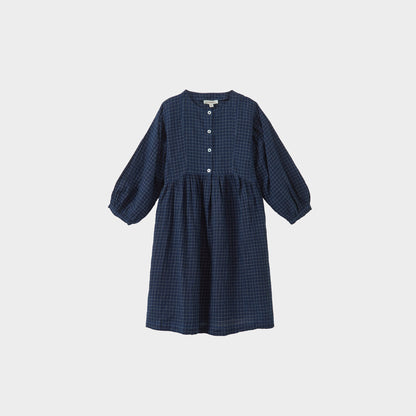 女童藏青色格子棉连衣裙