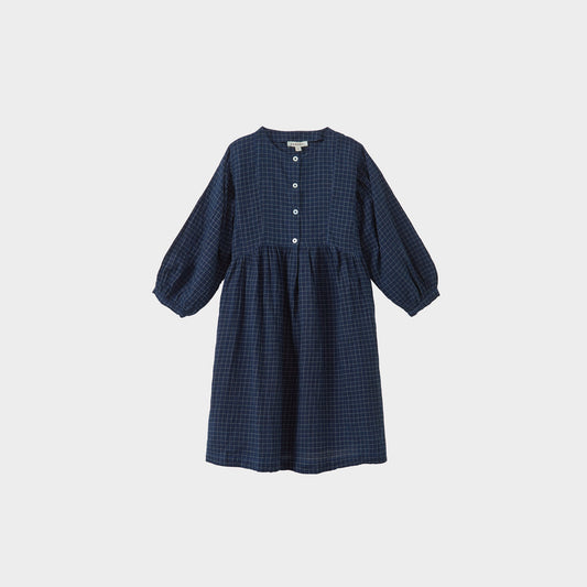 女童藏青色格子棉连衣裙