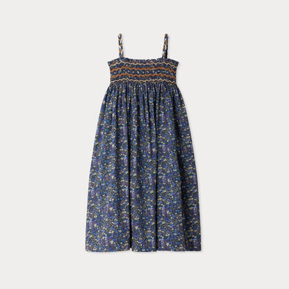 女童蓝色碎花棉吊带连衣裙
