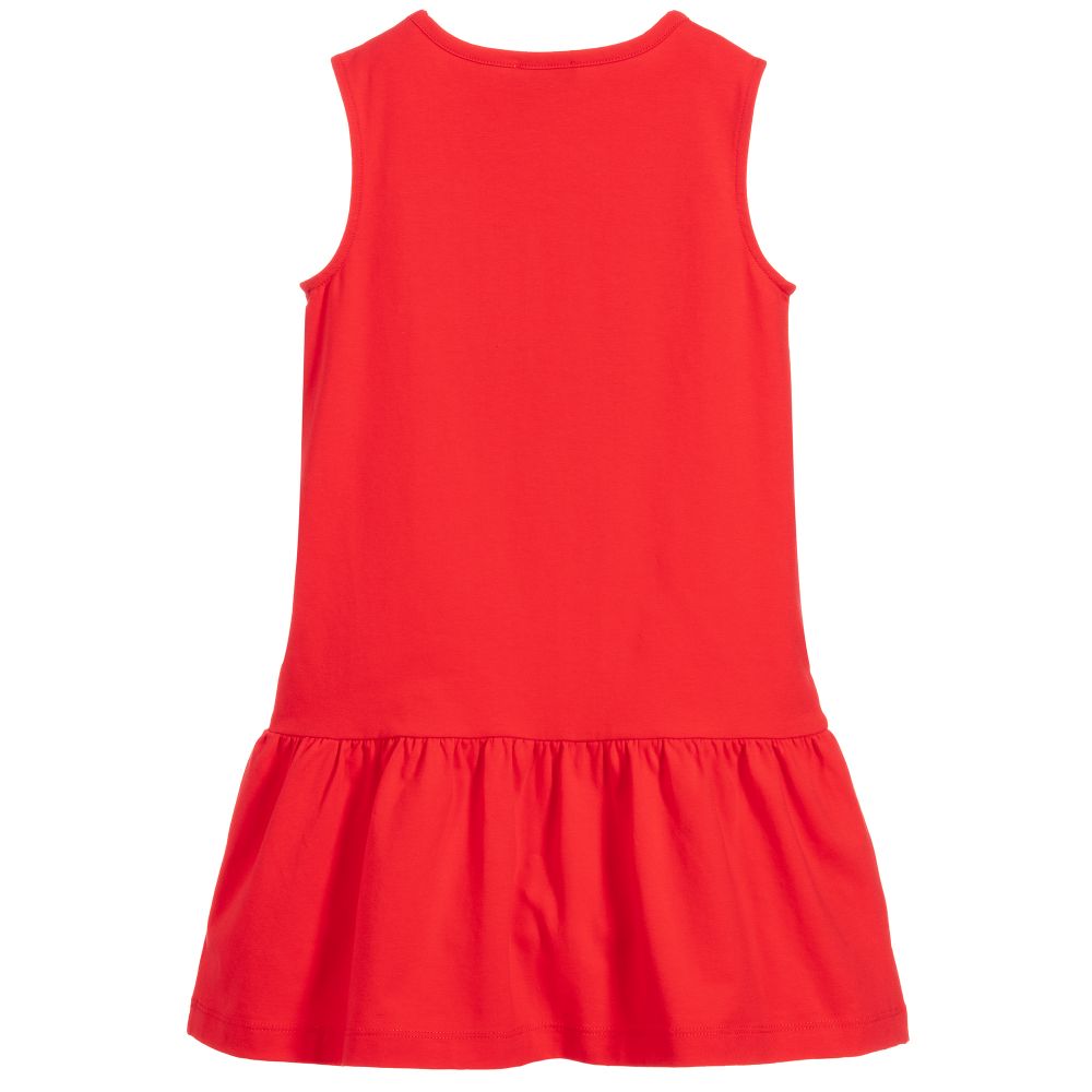 Girls Red Cotton Sleeveless Logo Dress