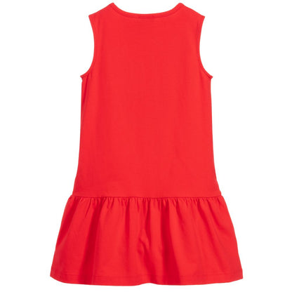 Girls Red Cotton Sleeveless Logo Dress