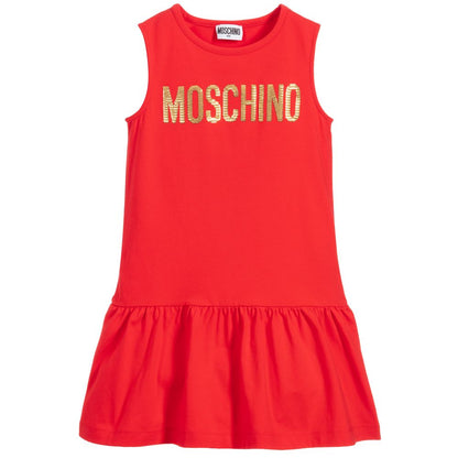 Girls Red Cotton Sleeveless Logo Dress