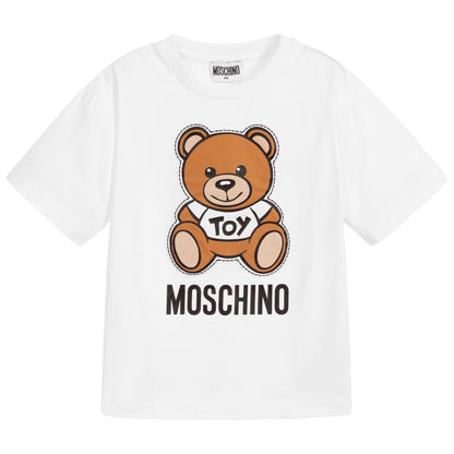 Girls White Cotton Teddy Bear T-Shirt