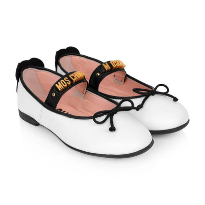 Girls White Leather Logo Teddy Pumps