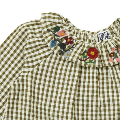 女童绿色格子刺绣棉上衣