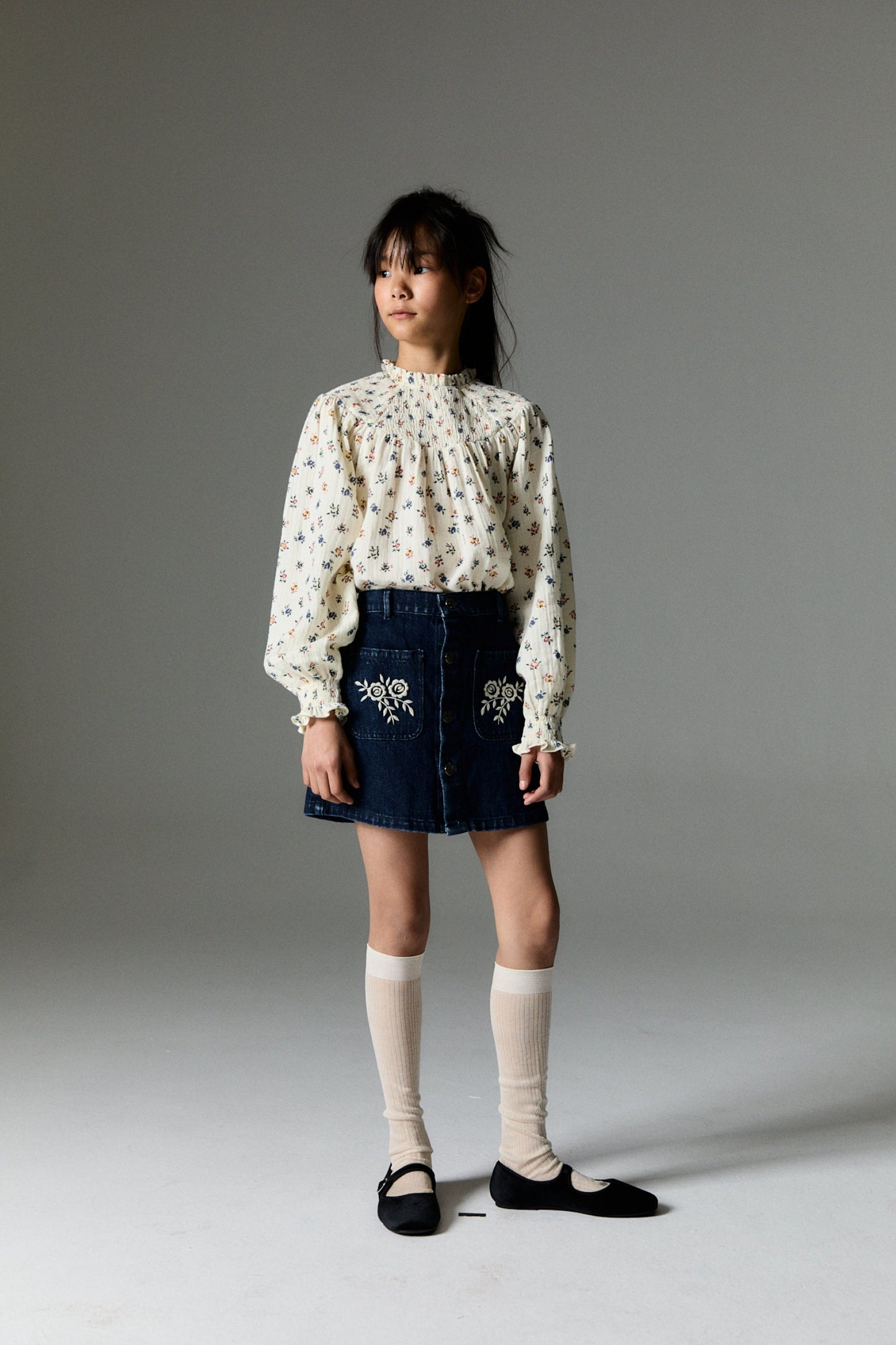 女童奶油白碎花棉上衣