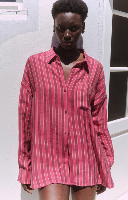 女士长款宽松纽扣领印花衬衫