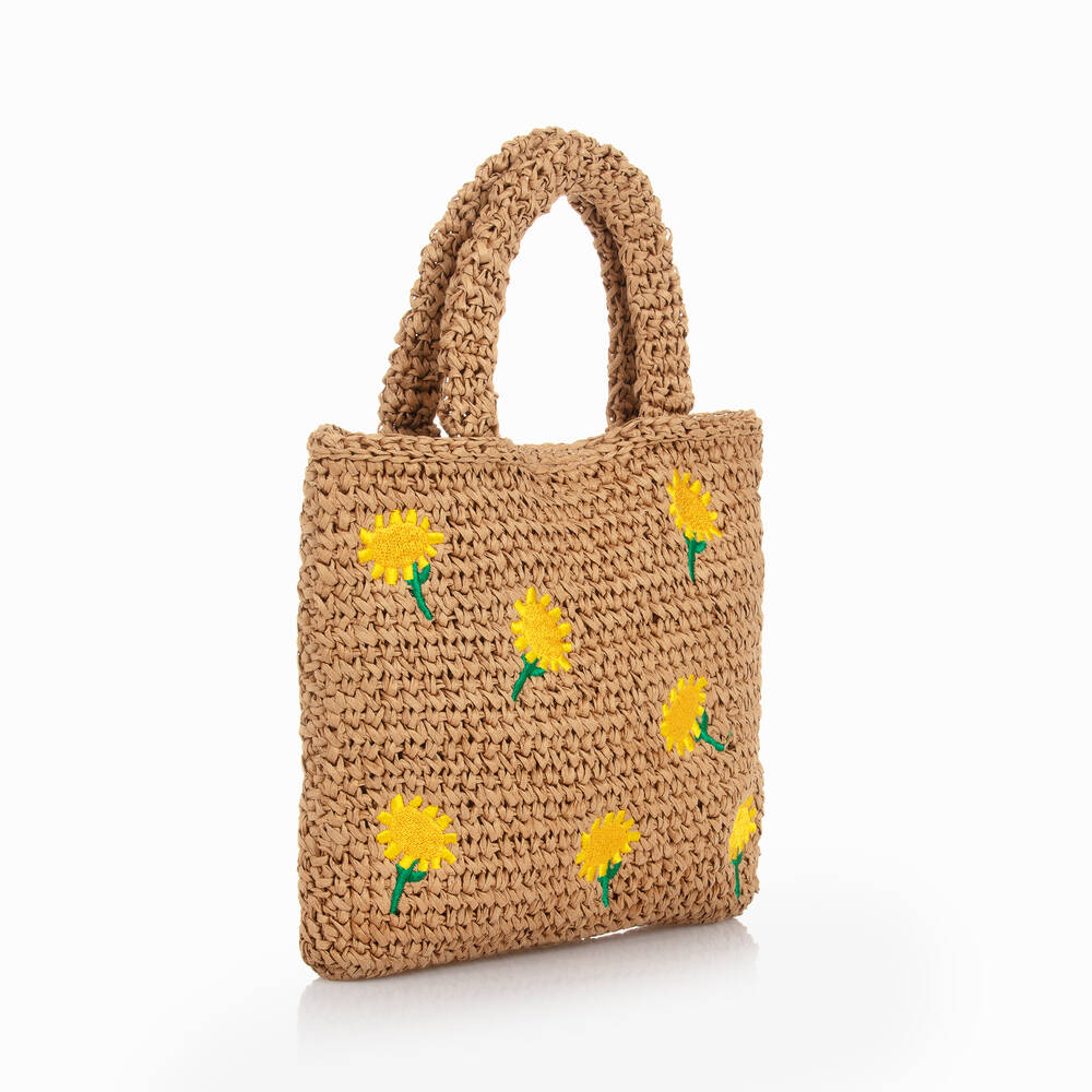 女童米色草编向日葵手提包