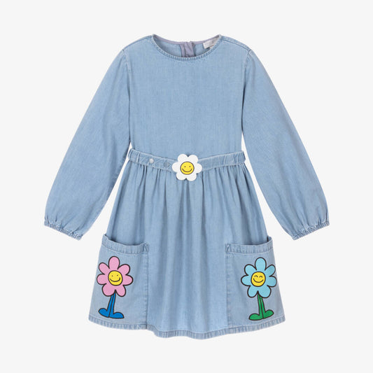 女童浅蓝色花朵牛仔连衣裙