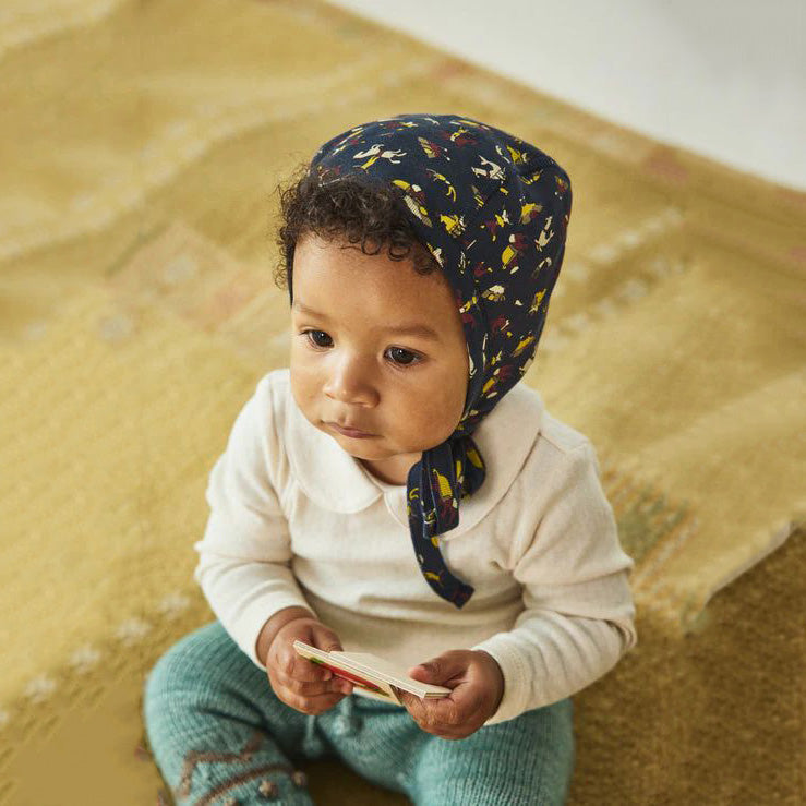 婴儿藏青色印花棉帽子