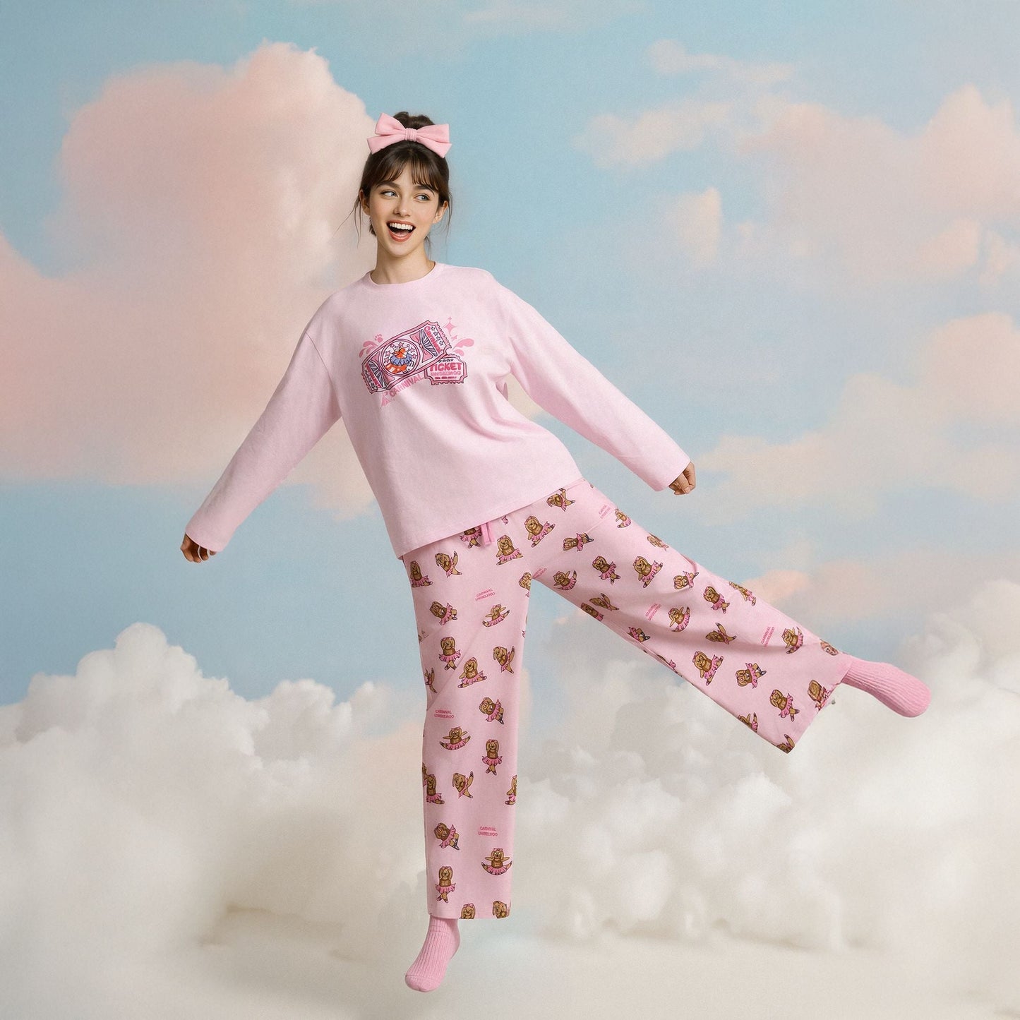 亲子款粉色噗噗棉小狗圆领上衣