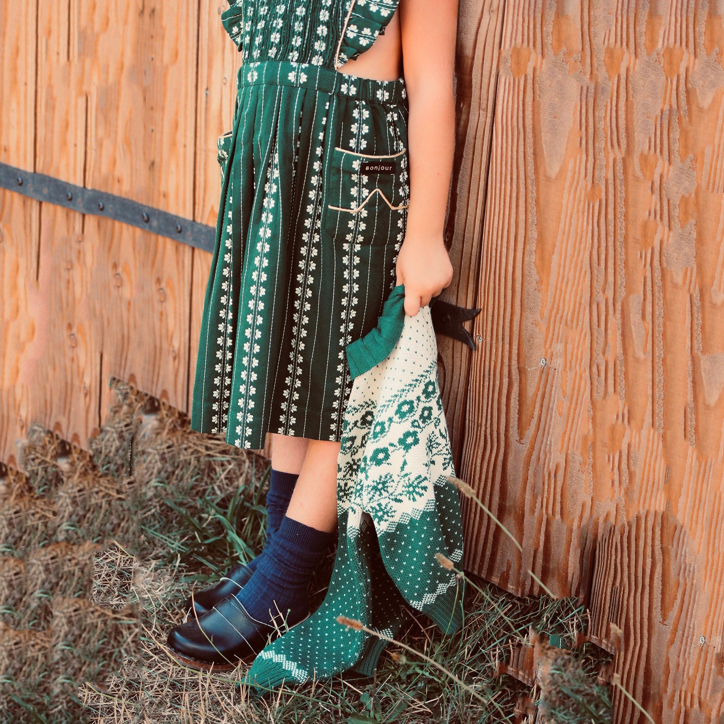 女童绿色碎花棉连衣裙