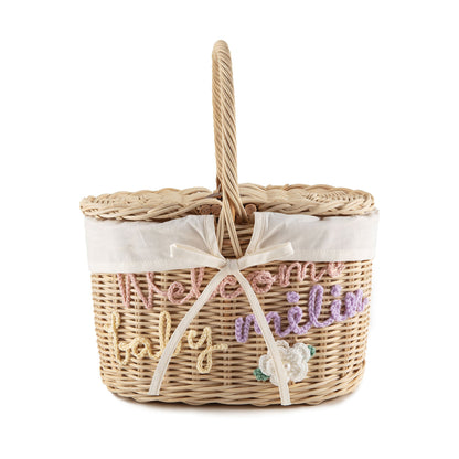 儿童带盖“welcome”复古草编包