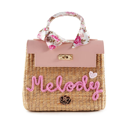 儿童粉色“Melody”手提复古草编包