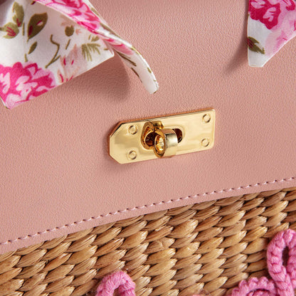 儿童粉色“Melody”手提复古草编包