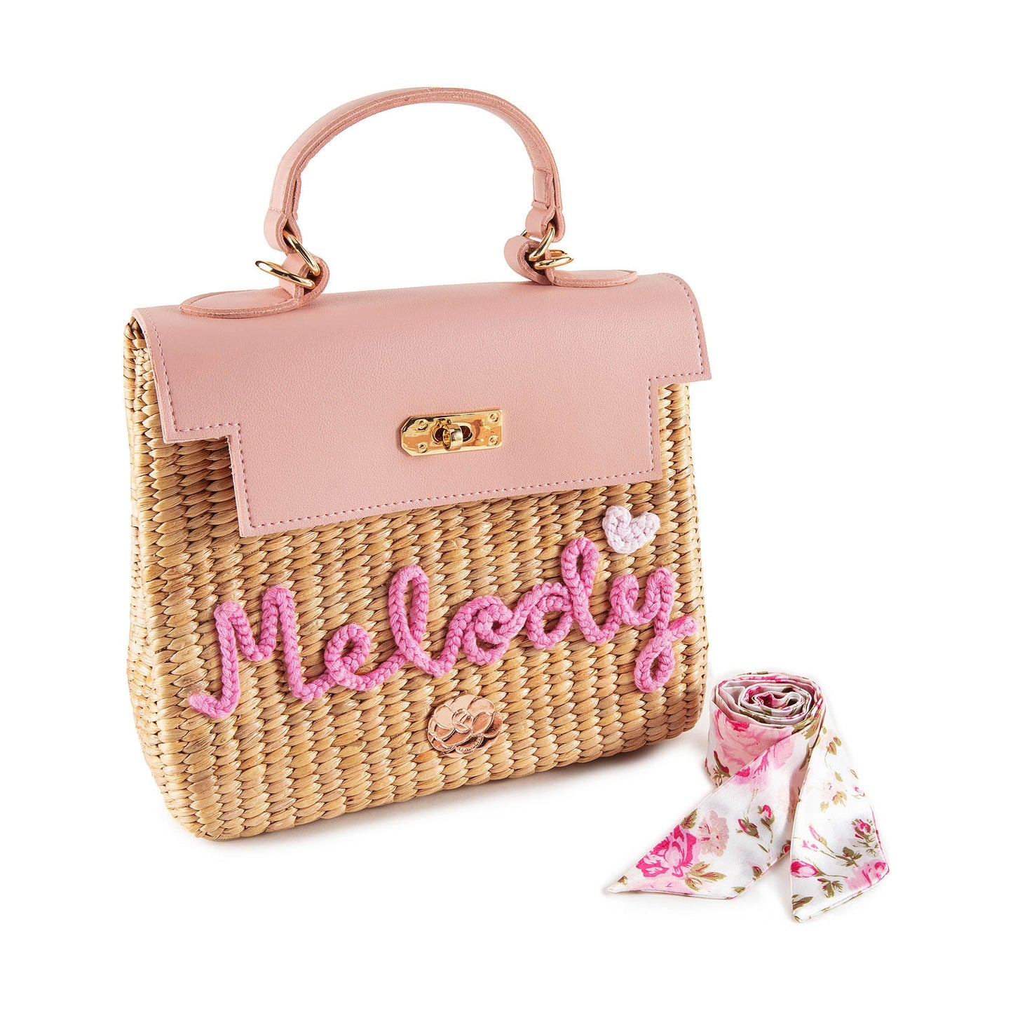 儿童粉色“Melody”手提复古草编包