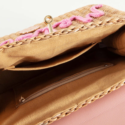 儿童粉色“Melody”手提复古草编包