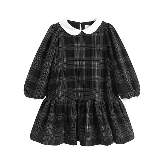 女童黑色格子棉连衣裙