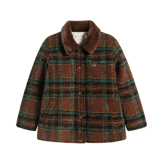 女童棕色格子羊毛外套