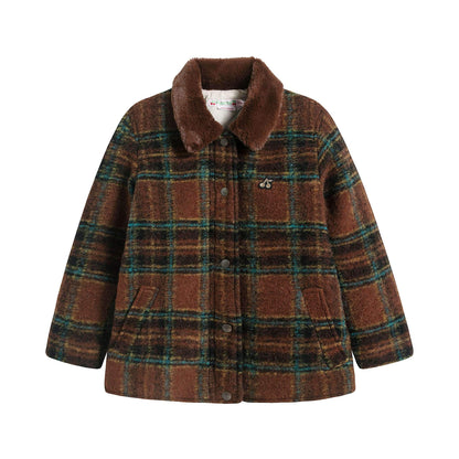 女童棕色格子羊毛外套