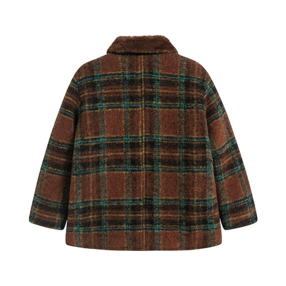 女童棕色格子羊毛外套