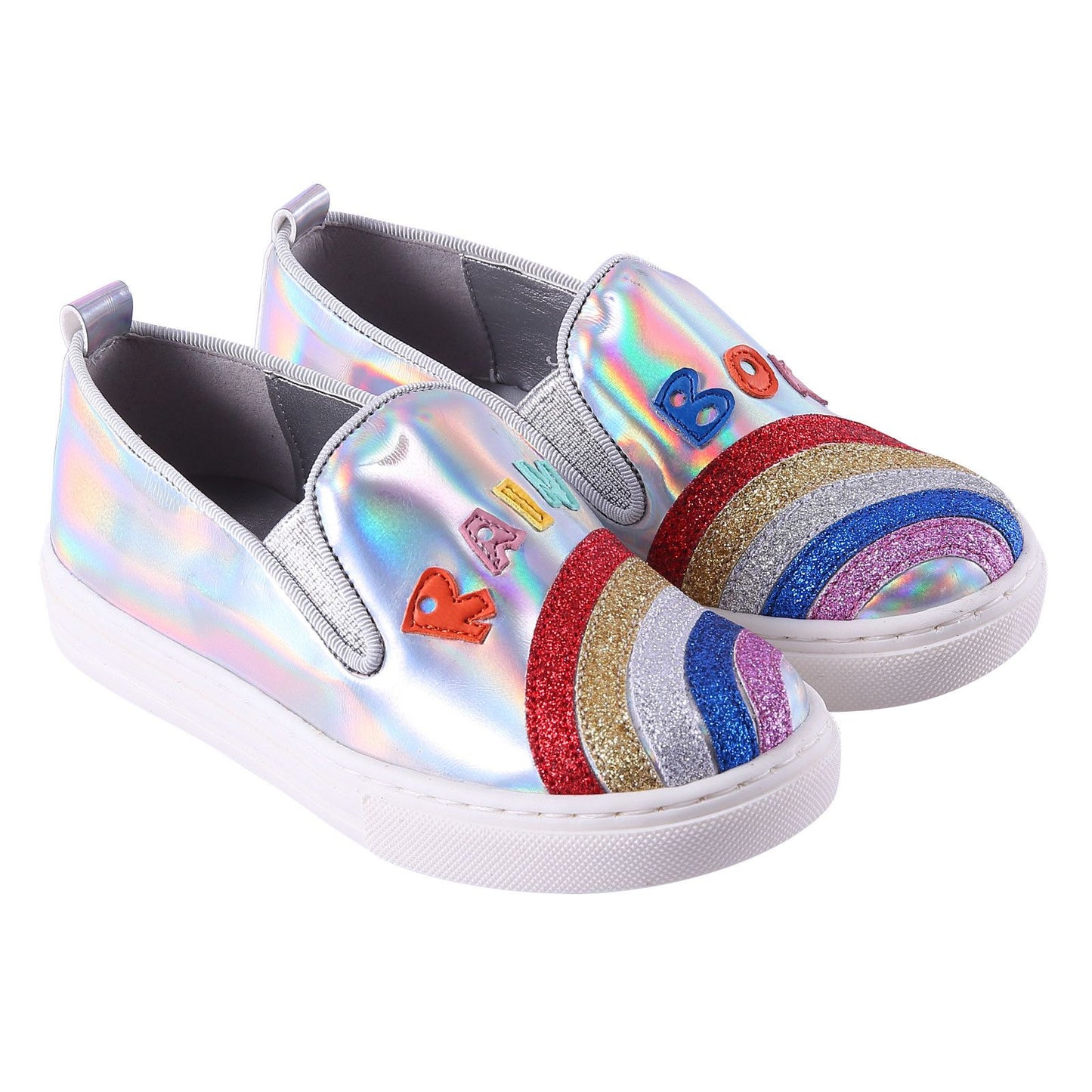 Girls Silver Shoes With Patch Rainbow Trims
