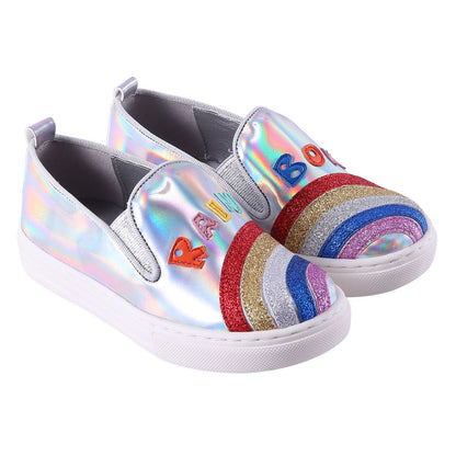 Girls Silver Shoes With Patch Rainbow Trims