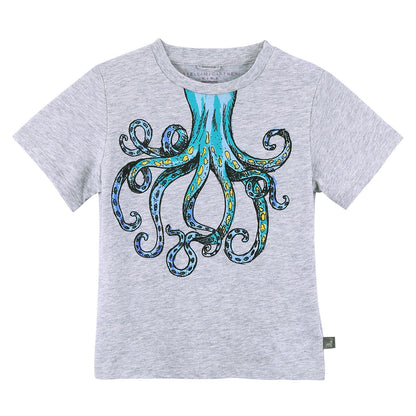 Baby Girls Grey Cotton T-Shirt With Octopus Print Trims