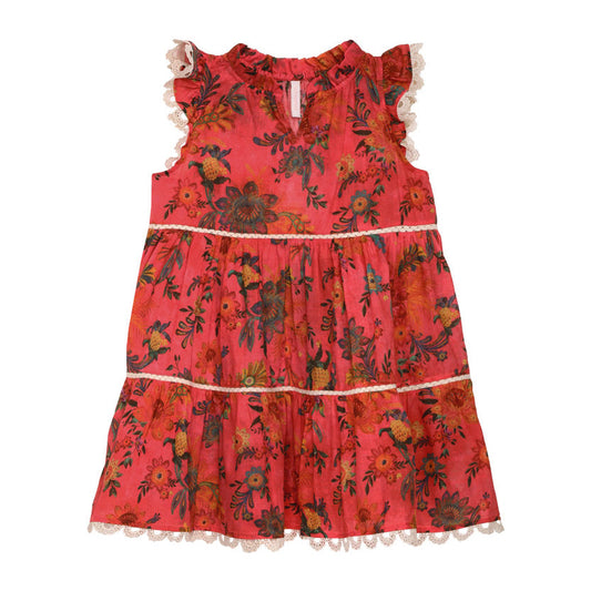 女童红色花朵棉连衣裙