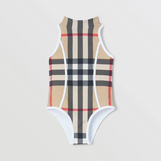 女童米色格子泳衣