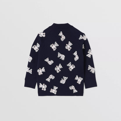 女童藏青色小熊印花羊毛开衫