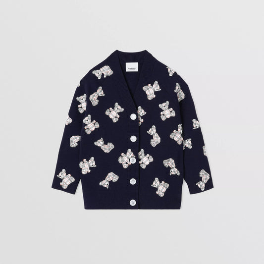 女童藏青色小熊印花羊毛开衫