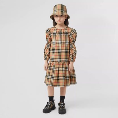 女童米色格子棉连衣裙