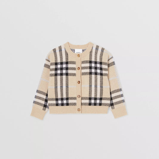女童浅沙色格子羊毛开衫