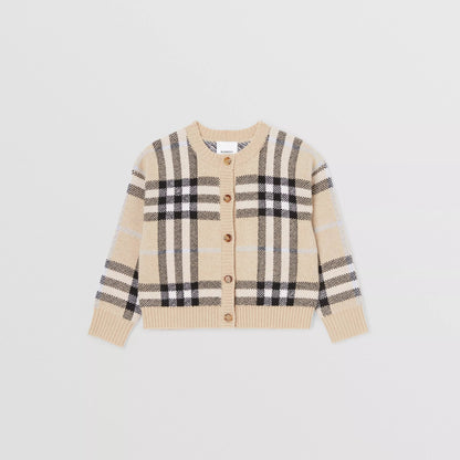 女童浅沙色格子羊毛开衫