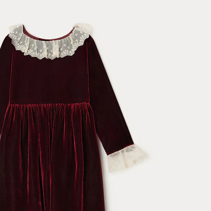 女童深红色丝绒连衣裙