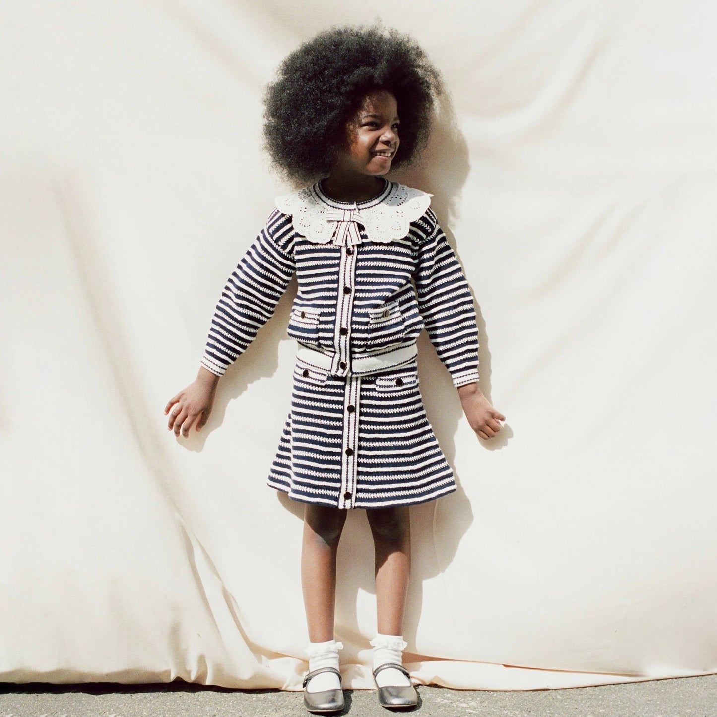 女童藏青色条纹棉开衫