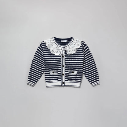 女童藏青色条纹棉开衫