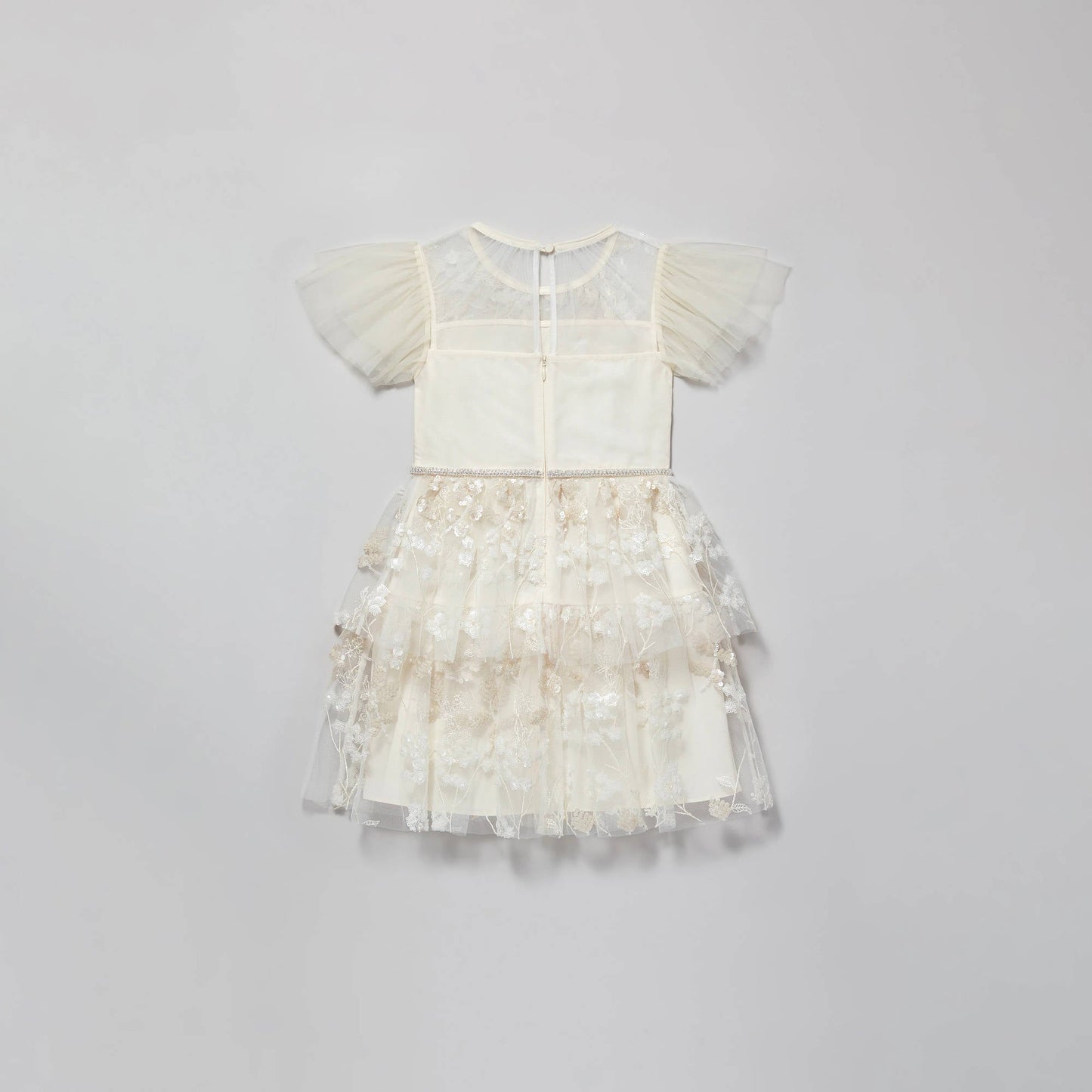 女童象牙白花朵亮片连衣裙