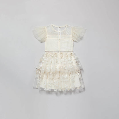 女童象牙白花朵亮片连衣裙