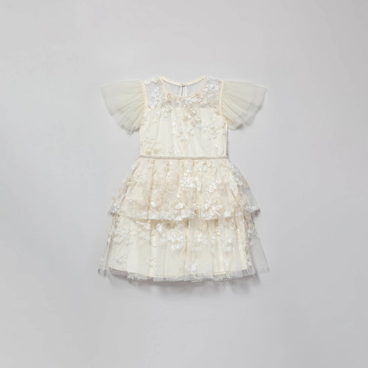 女童象牙白花朵亮片连衣裙