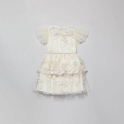 女童象牙白花朵亮片连衣裙