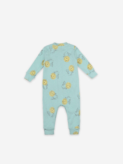 女婴绿色狮子印花棉连体衣