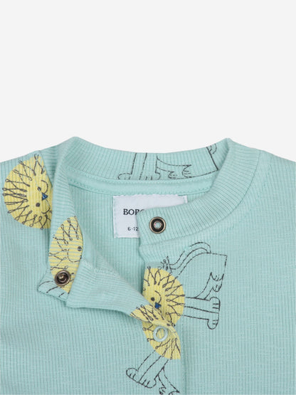 女婴绿色狮子印花棉连体衣