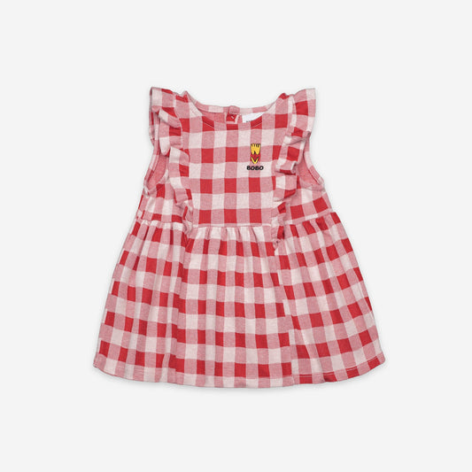 女婴红色格子棉连衣裙